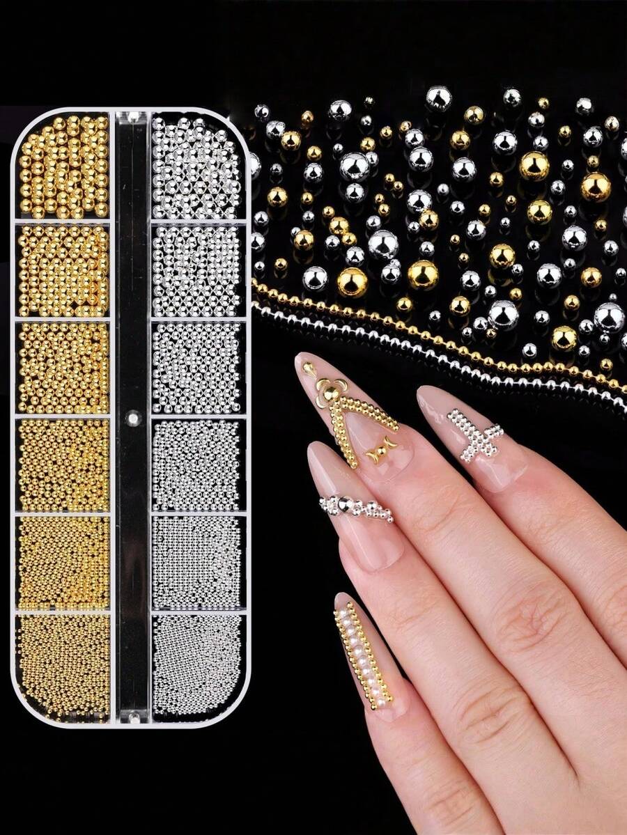 1套磁性美甲笔和12格金属珠，金色银色迷你鱼子酱美甲饰品，磁性凝胶指甲油工具，适用于猫眼宝石美甲DIY，美甲装饰，美甲师沙龙派对日常使用美甲工具套装，美甲配件