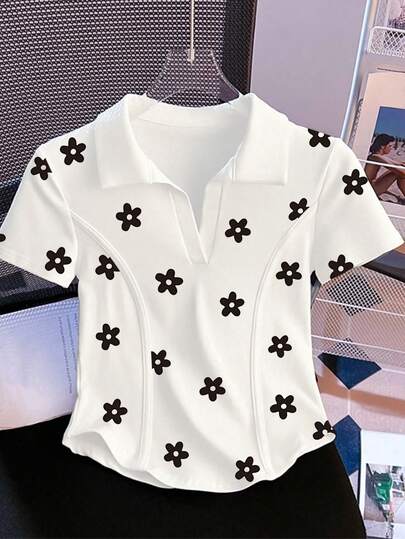 Resyla Women's Floral Print Polo Collar Casual Short Sleeve T-Shirt