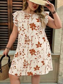 SHEIN VCAY Plus Size Women Floral Print Round Neck Casual Swing Dress - Apricot - View 6