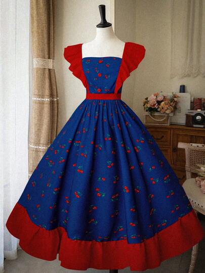 Sweetra Colorblock Cherry Print Cap Sleeve A-Line Dress For Plus Size Women, Spring And Summer, Modest