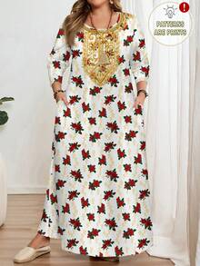 EMERY ROSE Plus Size Long Sleeve Round Neck Dress, Suitable For Autumn/Winter/Vacation/Summer/Spring - Multicolor - View 1