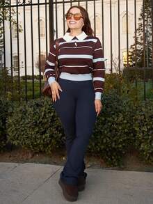 Lupita Cardoza Women's Autumn/Winter Collegiate Style Polo Collar Contrast Striped Brown And Blue Loose Knit Sweater,Brown Sweater,Fall - Multicolor - View 4