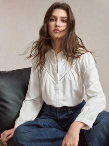 BizChic 2026 Spring/Summer New White Textured Crinkle Fabric Lace Trim Ribbon Patchwork Front Button Closure Ladies Blouse - White - View 6