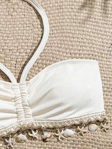 SHEIN 少女比基尼套装，可爱针织罗纹面料露背吊带短款上衣泳装套装，时尚优雅的欧美风格，适合度假、游泳、海滩、夏季穿着。 - 杏色 - 查看 5