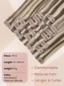 Seamless Clip In Hair Extensions, 7pcs Ash Brown Mix Platinum Blonde Hair Extensions Clip In Human Hair Invisible PU Skin Weft Natural Remy Human Hair Extensions - SP8/60 - View 3