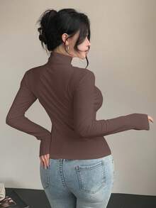 DAZY Tricou damă casual, simplu, în culoarea uni, cu guler înalt, căptușit termic, croială strâmtă, strat de bază, toamnă/iarnă - Maro - Vizualizare 2