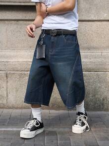 Manfinity EMRG Men's Casual Loose Fit Pocketed Wide Leg Denim Shorts - Medium Wash - View 7