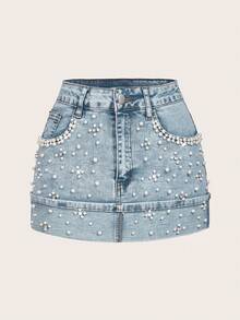 SHEIN MOD Women's Solid Color Faux Pearl Decor Slant Pocket Fashion Denim Skirt Denim Skirt Mini Rhinestone Skirt Mini Skirt Pearl Skirt - Blue - View 1