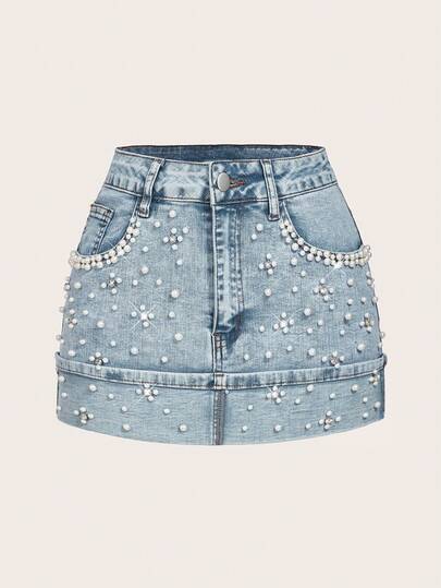 SHEIN MOD Women's Solid Color Faux Pearl Decor Slant Pocket Fashion Denim Skirt