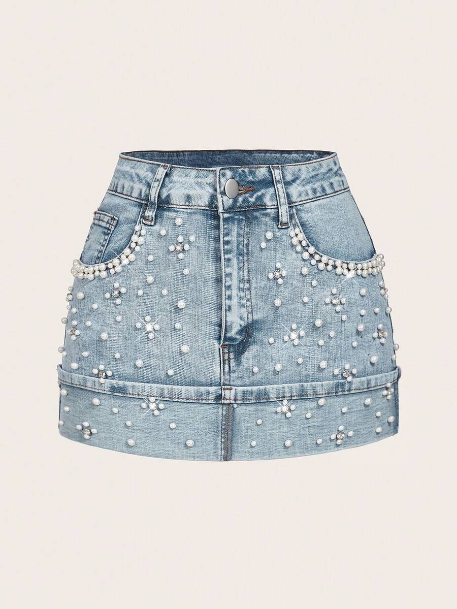 SHEIN MOD Women's Solid Color Faux Pearl Decor Slant Pocket Fashion Denim Skirt Denim Skirt Mini Rhinestone Skirt Mini Skirt Pearl Skirt - Blue - View 1