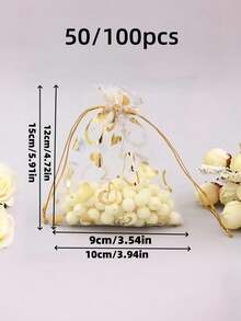 50/100pcs Heart-Shaped Multi-Colored Gauze Bags, Gift Wrapping Bags, Gift Bags, Household Daily Necessities, Nylon Storage Bags, Holiday Party Supplies, Wedding Supplies, Gift Decoration Wrapping, Small Packaging Bags - White - View 2