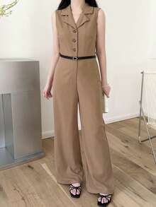 SHEIN Teen Girls' Khaki Lapel Collar Loose Wide Leg Jumpsuit, Waist Cinched, Minimalist Chic Fashion, Spring/Summer - Khaki - View 3