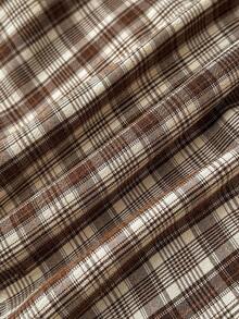 SHEIN Tween Girls' Brown & Khaki Plaid Retro Elegant Cute Versatile Sleeveless Blouse Shirt Top, Spring/Summer Babydoll Top Brown Top Square Neck Top Plaid Top Puff Sleeve Top - Brown - View 7