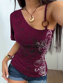 StreetHx Áo thun nữ kiểu dáng vintage xếp ly, in hoa, trễ vai, thích hợp cho mùa hè. - Màu Hồng Tươi - Xem 4