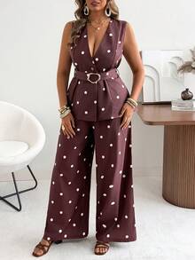Ceyna Plus Size Women's Classic Retro Polka Dot Vest And Wide Leg Pants Set Summer Holiday Outfits - Brown - View 3