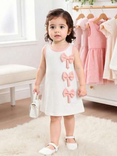 SHEIN Playful Pals 1pc Toddler Baby Girls Sweet Princess Casual White Pink Contrast Trim Three 3D Bowknot Decor Sleeveless Tank Strap Round Neck A-Line Soft Stretchy Jersey Texture Dress Vestidos Sundress Tunic Clothes Outfits For Party Birthday Daily Summer