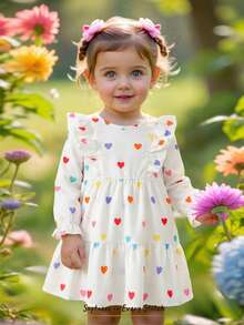 Cozy Pixies Baby Girl Heart Pattern Round Neck Ruffle Hem Waist Cinched Long Sleeve Dress, Suitable For Valentine's Day - White - View 7