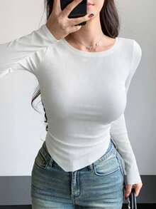 DAZY 不对称设计修身长袖女式T恤 - 白色 - 查看 6