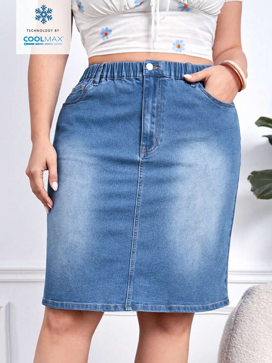 EMERY ROSE Minifalda de mezclilla casual con cintura elástica y bolsillos para mujer de talla grande - Azul lavado medio - Ver 1