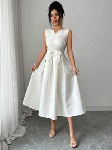 Vestido de verano 2026 de longitud media, sin mangas, de tela jacquard elegante en color albaricoque claro, adecuado para mujeres de 20 a 35+ años para fiestas, vacaciones y cenas formales (estampado aleatorio) - Albaricoque - Ver 4