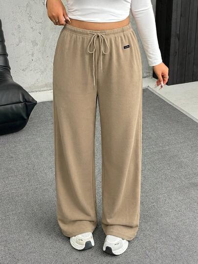 SHEIN EZwear Plus Size Charcoal Gray Fleece Soft & Warm Casual Drawstring Loose Pants Autumn/Winter,Christmas,New Year,Thanksgiving,Party,Wedding,Beach,Graduati,Chic,Elegant,Casual,Going Out,Date,Appointment,Commute