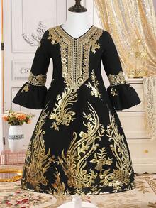 Vestido largo de bata con aplicación floral de lámina de oro, flor de cuello dorada, adorno de manga acampanada para niña joven - Negro - Ver 4