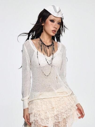 V-Ausschnitt einfarbiger Langarm halb-transparenter zerfransender Punk-Stil Pullover