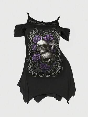 Plus Size Gothic Girl Mysterious Skull Rose Print Asymmetrical Hem Off-Shoulder Lace Camisole Black Plus Size Short Sleeve T-Shirt