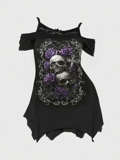 ROMWE Spring/Summer Plus Size Gothic Girl Mysterious Skull Rose Print Plaid Asymmetrical Hem Off-Shoulder Lace Camisole Black Plus Size Short Sleeve T-Shirt