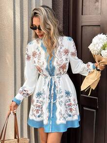 Chiquease Women White Floral Boho A Line Mini Dress,Autumn Long Sleeve Stand Collar Flared Hem Knot Detail Woven Short Dress,Tea Party Holiday Resort Wear - Multicolor - View 4