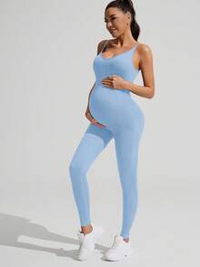 SHEIN Bộ áo liền quần thể thao ôm sát không tay màu trơn dành cho bà bầu - Màu xanh nhạt - Xem 7