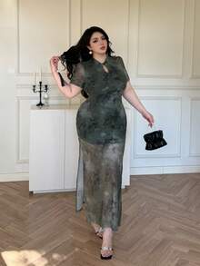 Flirla Plus Size Chinese Style Qipao Dress, Green - Green - View 5