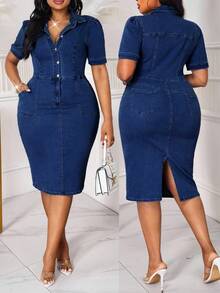 SHEIN Lady Plus Size Women Elastic Denim Dress, Puff Sleeve, Waist Cinched, Bodycon Fit, Back Slit Midi Dress - Dark Wash - View 1