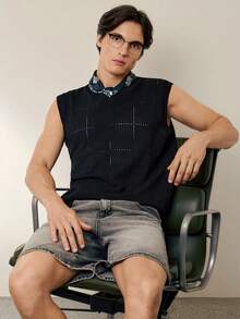 RONVEXI 男士纯色V领镂空休闲百搭通勤针织背心 男士针织上衣 网眼男士上衣 男士背心毛衣 男士上衣 夏季男士无袖上衣 - 彩色 - 查看 5