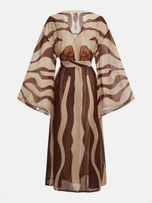 Maija Women's V-Neck Twist Waist Design Long Sleeve Casual Everyday Wear Coverup Dress Bohemian Zebra Print Summer Vacation - Brown - View 6