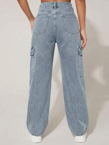 SHEIN PETITE Casual Washed High Waist Straight Leg Cargo Jeans - Blue - View 2
