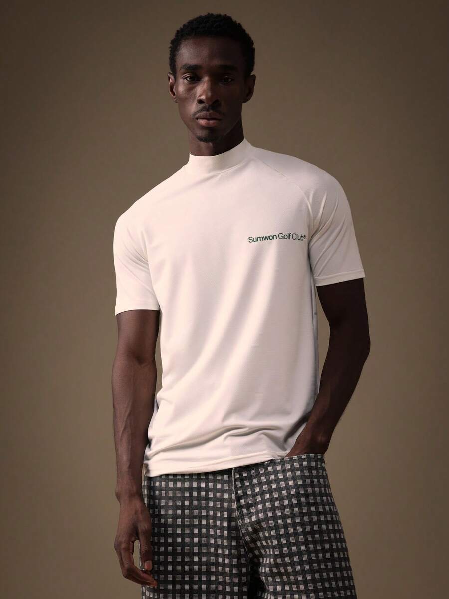 SUMWON Mock Neck Relaxed Fit Raglan Sleeve Short Sleeve Golf T-Shirt With Small Chest Text Logo Summer - White - View 1