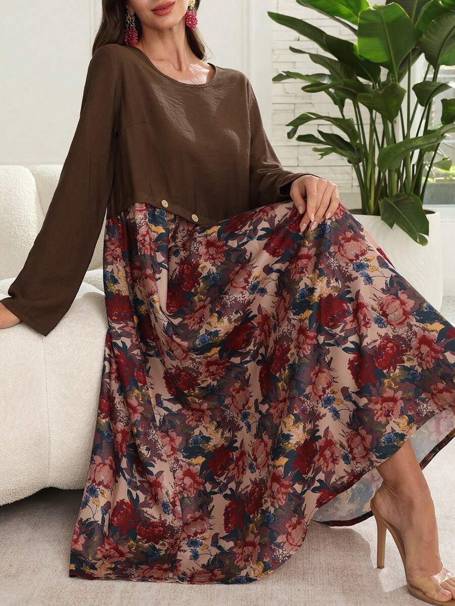 Lacomfia Casual Floral Print Patchwork Solid Color Round Neck Long Sleeve Loose Regular Midi Dress For Women, Spring/Autumn - Multicolor - View 1