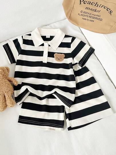 Playful Pals Summer New Striped Casual Short Sleeve Set, Polo Collar Short Sleeve Top + Shorts, 2pcs Young BoyOutfit