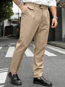 Manfinity Mode Plus Size Men's Solid Color Pleated Pocket Straight Leg Formal Pants, Suitable For Commuting - Khaki - View 4