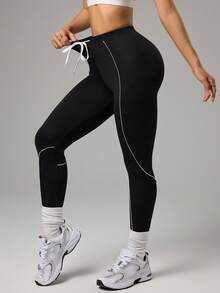 Dewbera Women's Drawstring Waist Casual Fitness Leggings - Black and White - View 4