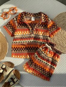 SHEIN 2件套幼儿男童休闲度假条纹短袖衬衫T恤和短裤套装，春夏男婴服装，套装 - 橘色 - 查看 8