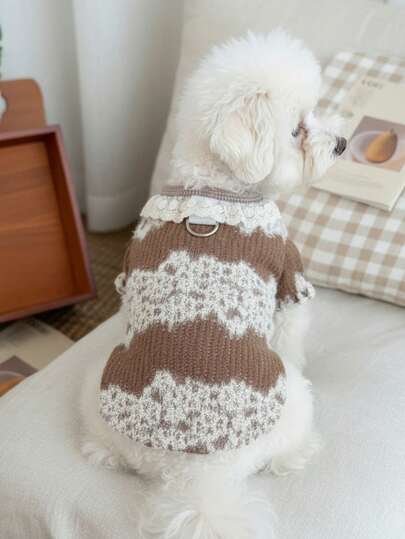 PETSIN 1pc Khaki Satin Drawstring Lace Pet T-Shirt For Autumn And Winter, Simple And Thick, Warm Pet Lace Edge Clothing