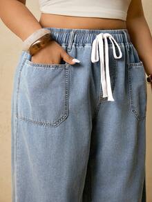 Travachic Plus Size Women Loose Straight Leg Jeans, Elastic Waist With Drawstring, Light Blue Washed, Straight Leg Pants - Light Wash - View 3