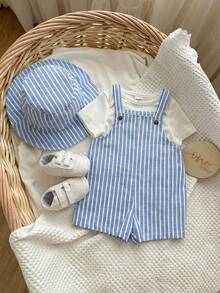 Set de 2 piezas de peto a rayas y sombrero de cubo de verano para bebé niño/niña, conjunto casual para el hogar, salidas y playa - Multicolor - Ver 8