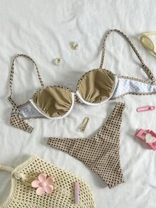 Swim MOD 2pcs/Set Polka Dot Random Print Underwire Bikini Top And High Cut Swim Bottoms Sexy Swimsuit Set, Spring/Summer - Multicolor - View 4