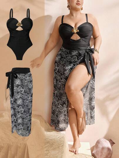 Swim Oasis 大码女装两件套：热带树叶印花薄纱长裙搭配可拆卸金属吊带抹胸上衣，时尚泳装，适合度假和休闲穿着，显瘦舒适。