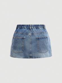 Maija 大码女式夏季休闲日常通勤百搭短款牛仔裙 - 中等水洗藍 - 查看 2