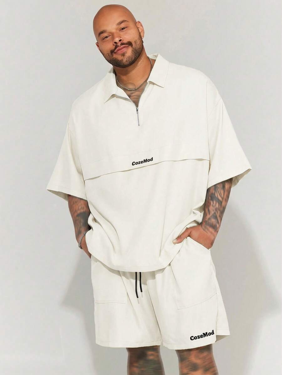 EASEVO 两件套加大码男士休闲宽松梭织短袖衬衫套装，适合夏季日常穿着 - 杏色 - 查看 1