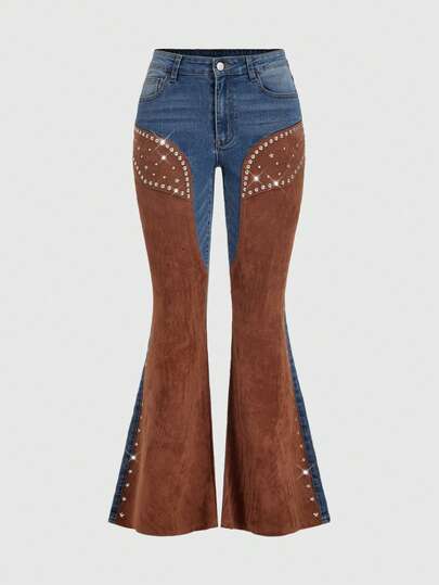 ROMWE Hippie 女士复古西部牛仔嬉皮风二合一麂皮拼接铆钉喇叭牛仔裤